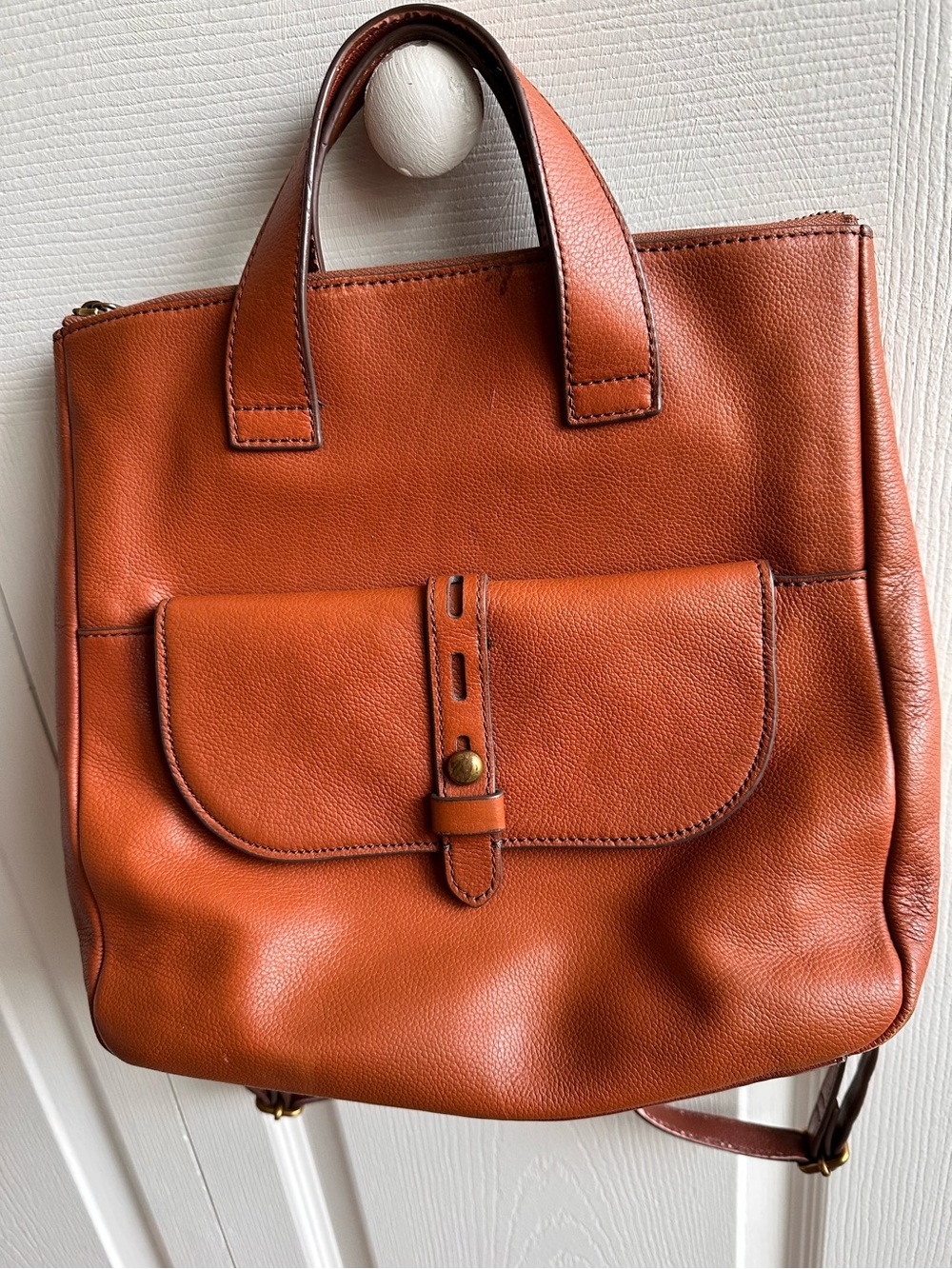 Fossil Leather Hunter Tote Backpack in Cognac Brown *flaw*